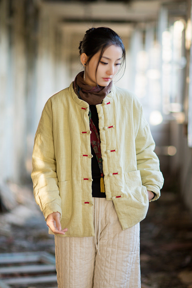 Ramie Cotton Women Quilted Jacket with Pockets & Frog Buttons in Hanfu Style, Chinese style Hanfu 251110w