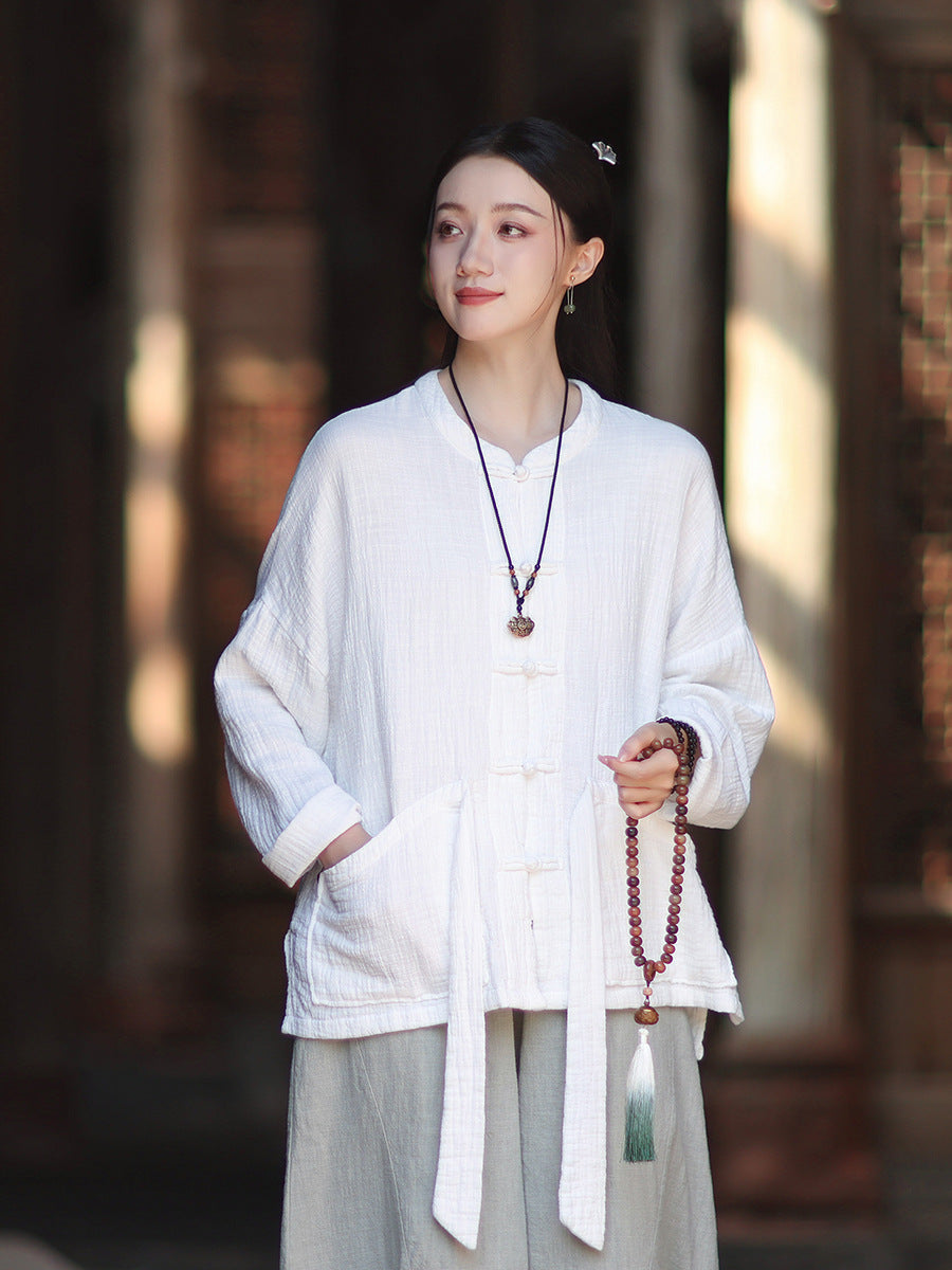 100% Cotton Women Hanfu Shirt with Chinese Traditional Buttons & Pockets 251016w