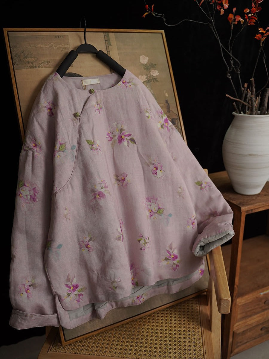 Linen Cotton Women Quilted Chinese Pullover with Vintage Floral Print and Traditional Chinese Buttons 251117w 210018