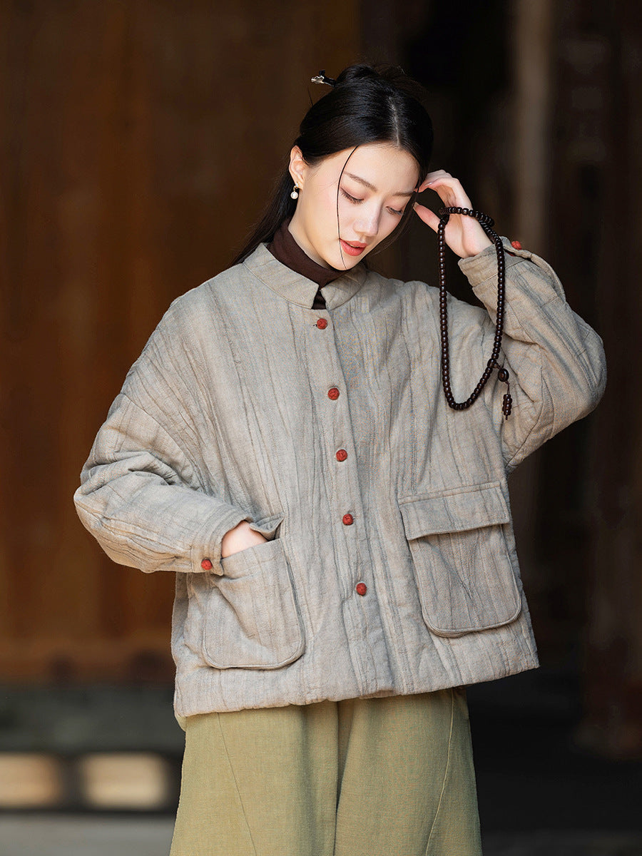 Ramie Linen Cotton Women Quilted Jacket with Pockets & Color-block Buttons in Hanfu Style, Chinese style Hanfu 251120w