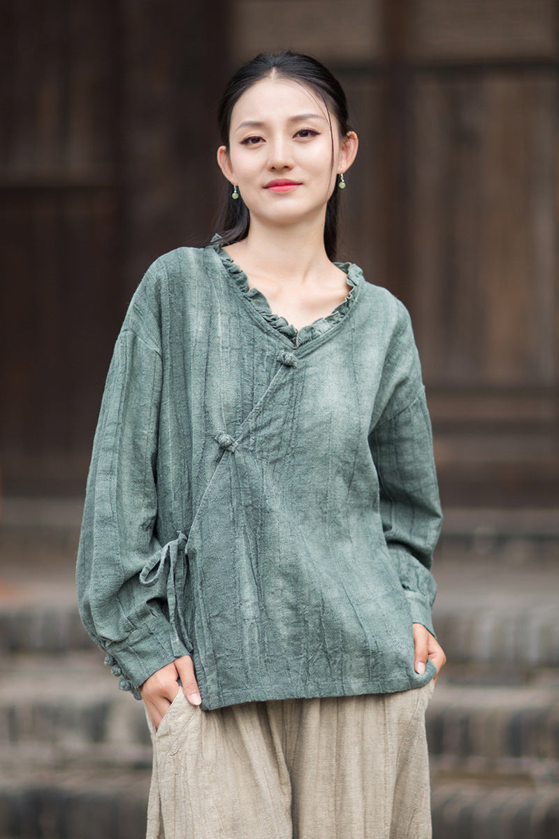 Ramie Linen Women Shirt in Hanfu Style with Ruffled Collar & Diagonal Closure 250922a
