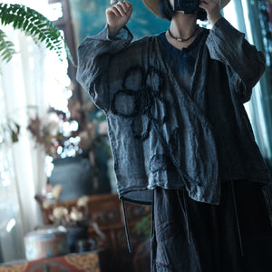 100% Linen Women Jacket with Handmade Embroidery, women linen shirt blouse 240006s