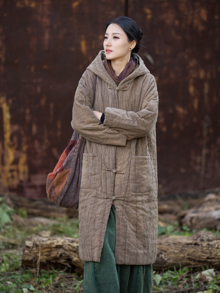 Ramie Linen Women Quilted Hoodie Jacket with Pockets & Frog Buttons in Hanfu Style, Chinese style Winter Padded Coat 251107w