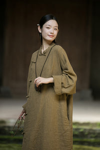 Linen Cotton Women Long Blouse with Pockets and Handwoven Buckle Button, chinese style women blouse linen, Taichi jacket, Tang suit 241003w