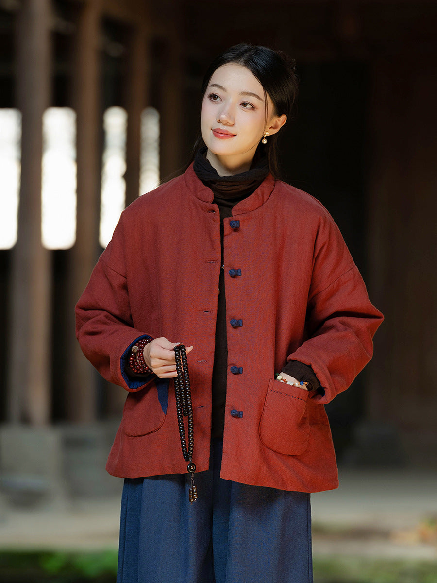 Ramie Linen Cotton Women Quilted Jacket with Pockets & Color-block Buttons in Hanfu Style, Chinese style Hanfu  251123w