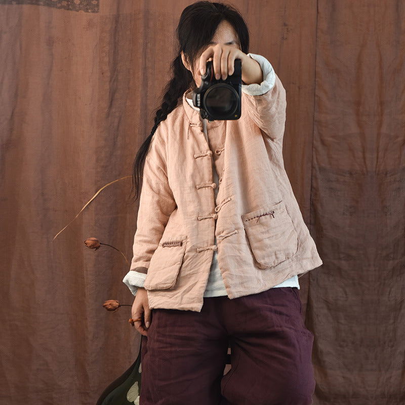 100% Linen Autumn Winter Women Quilted Jacket with Handsewing Details in Hanfu Style 250902a