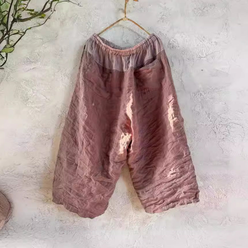 100% Linen Color-blocked Cropped Women Pants with Pockets 250802s 4347