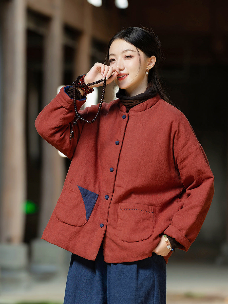 Ramie Linen Cotton Women Quilted Jacket with Pockets & Color-block Buttons in Hanfu Style, Chinese style Hanfu  251123w