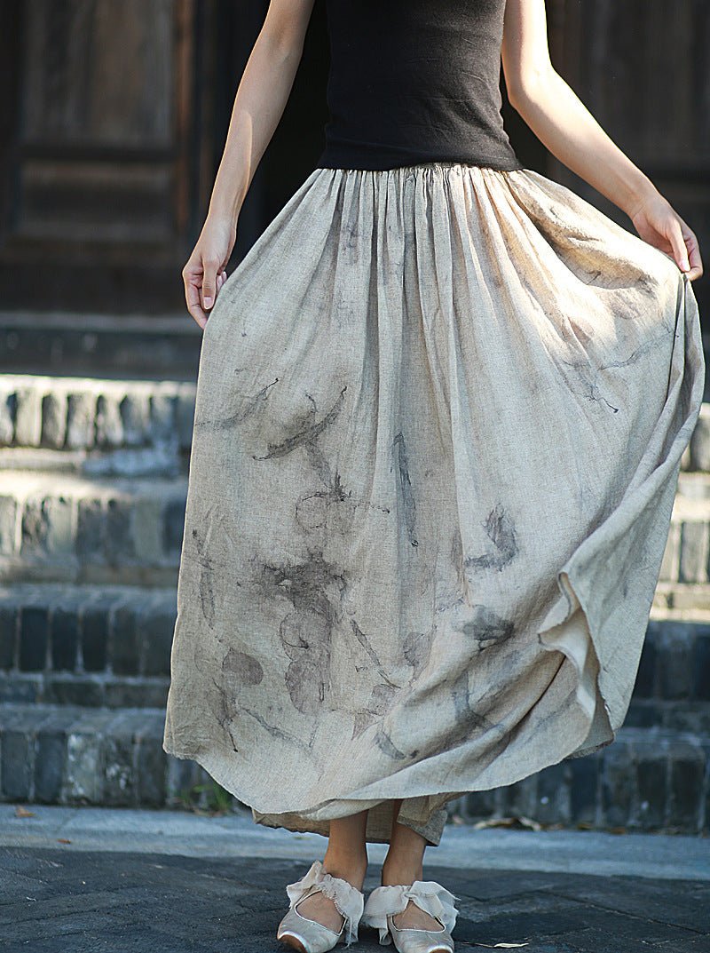 Linen Cotton Maxi Skirt with Plant Tie Dye 240916a