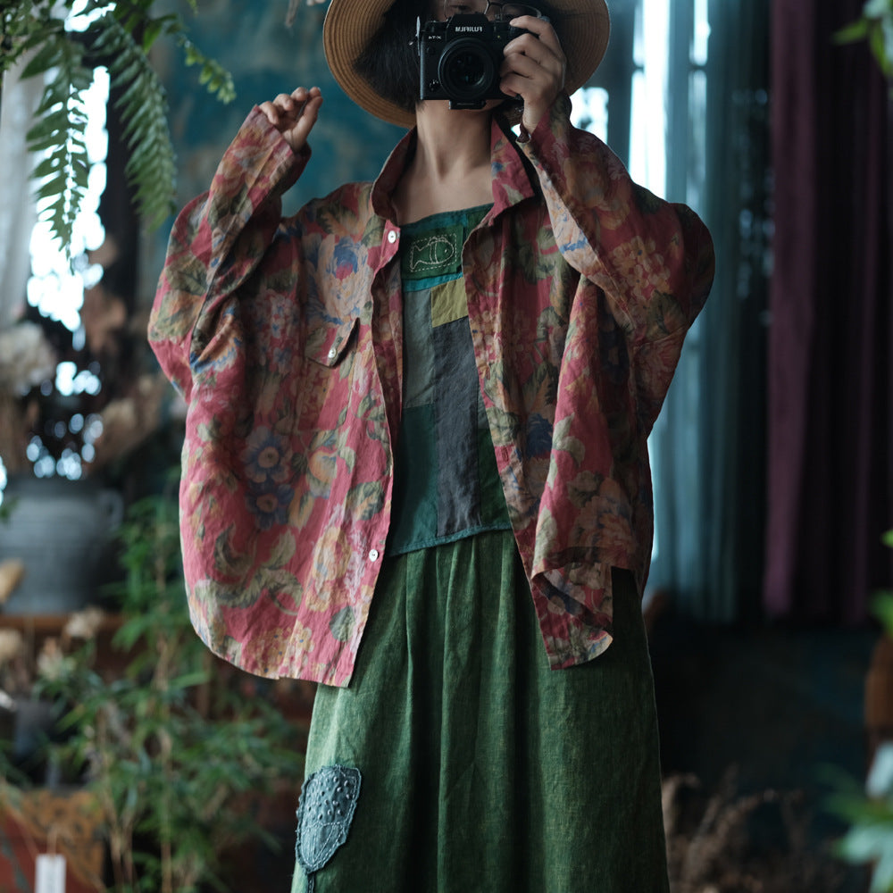 100% Ramie Linen Women Casual Blouse with Floral Print and Long Sleeves, Linen women blouse 250411s 2194