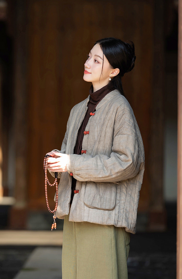 Ramie Linen Cotton Women Quilted Jacket with Pockets & Color-block Buttons in Hanfu Style, Chinese style Hanfu 251120w