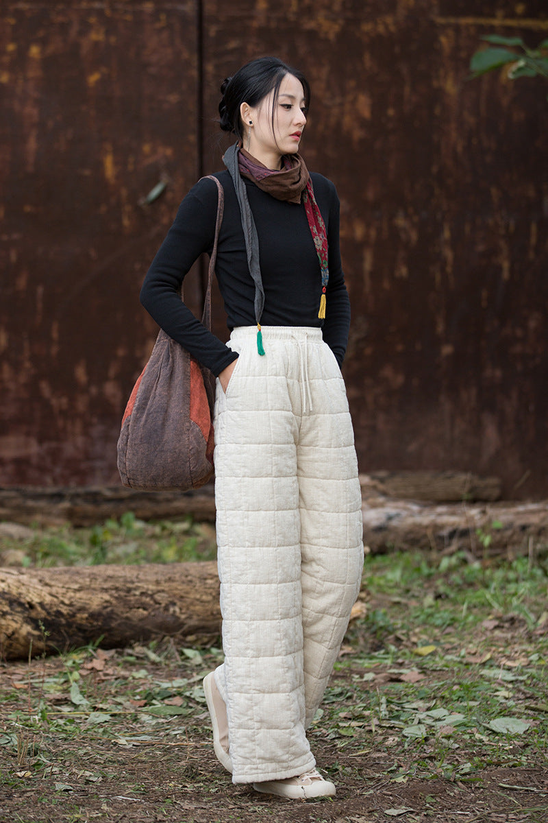Ramie Linen Cotton Quilted Thick Pants with Pockets & Front Ties, winter women pants 251105w