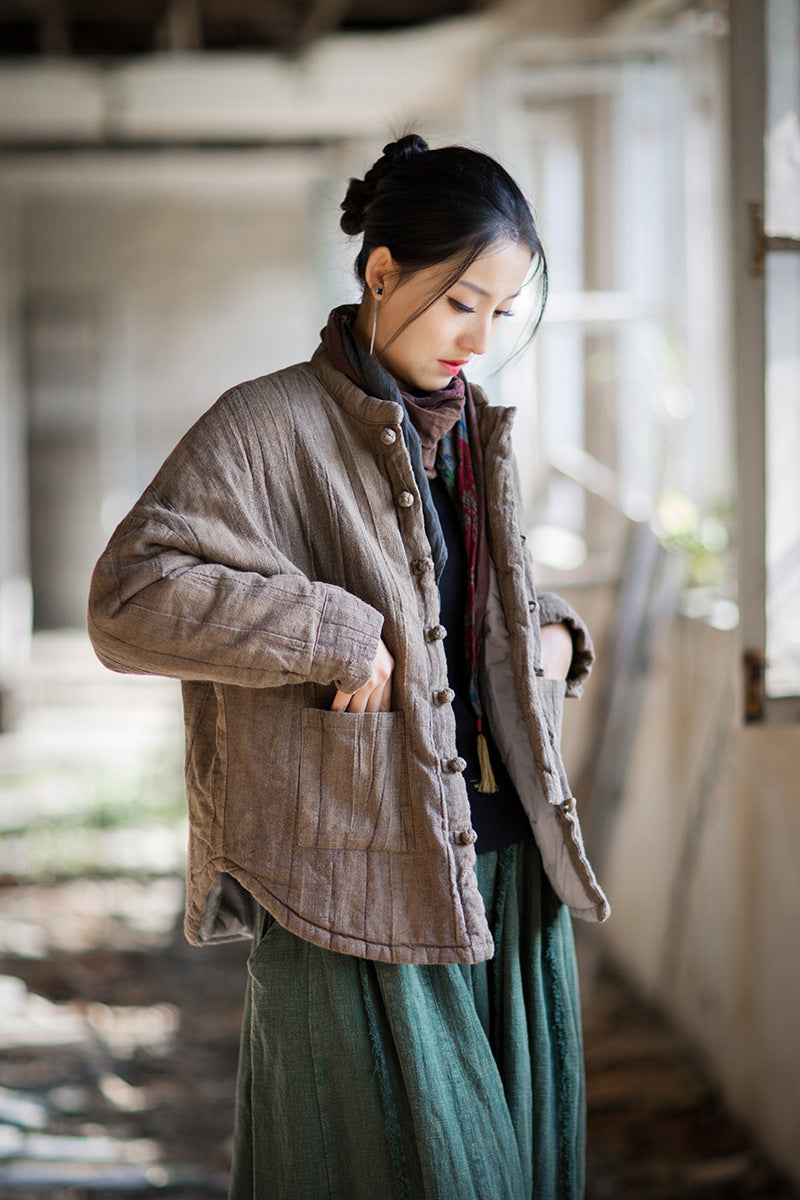 Ramie Linen Cotton Women Quilted Jacket with Pockets & Frog Buttons in Hanfu Style, Chinese style Hanfu 251109w