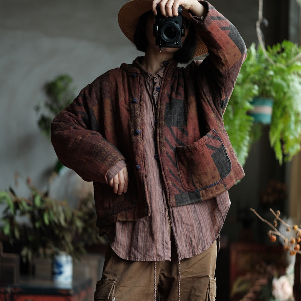 100% Cotton Women Quilted Chinese Jacket with Pockets and Vintage Print 251114w 1791