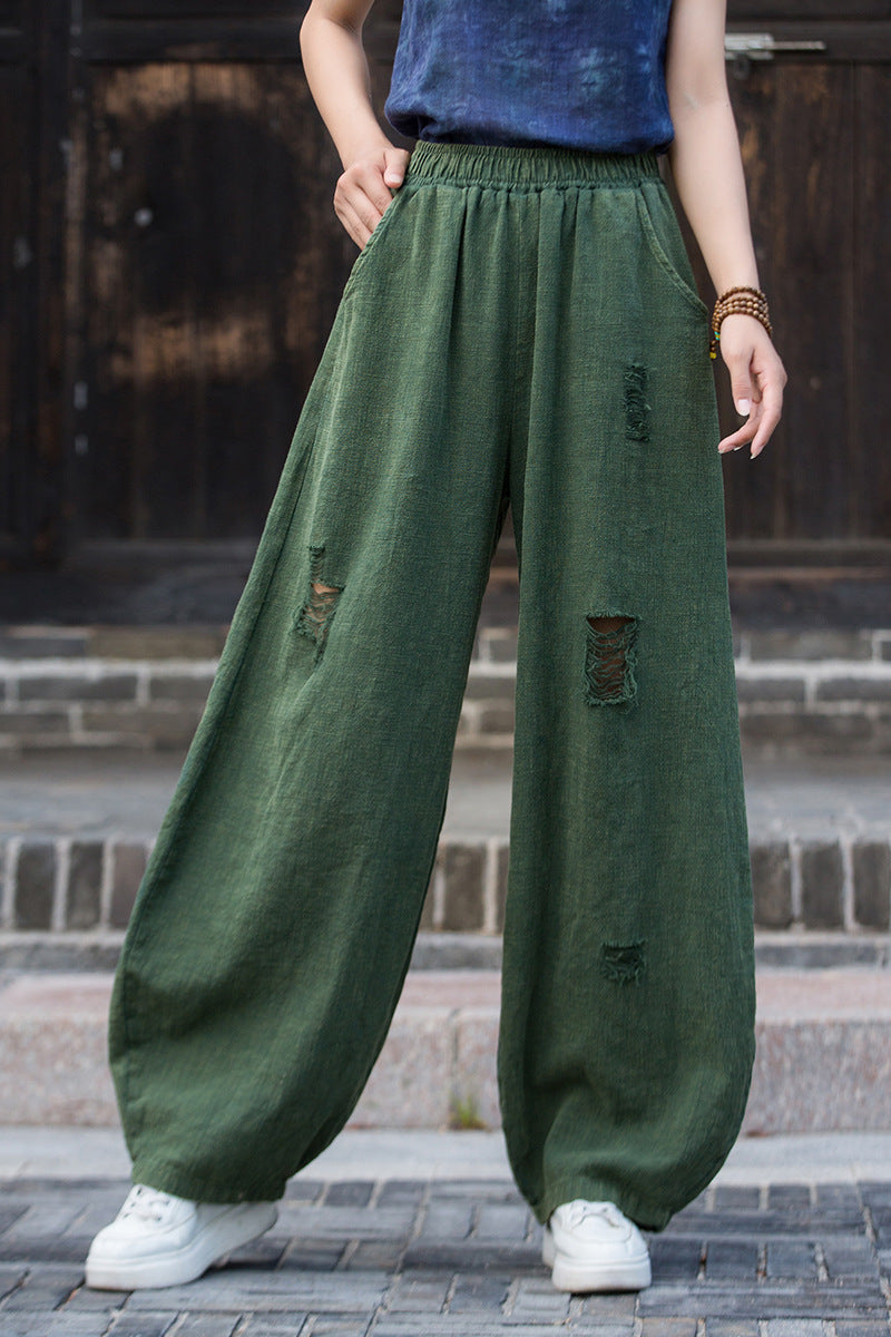 Ramie Linen Cotton Women Pants with Destroyed Look for Tai chi, Linen Wide Leg Pants 250923a