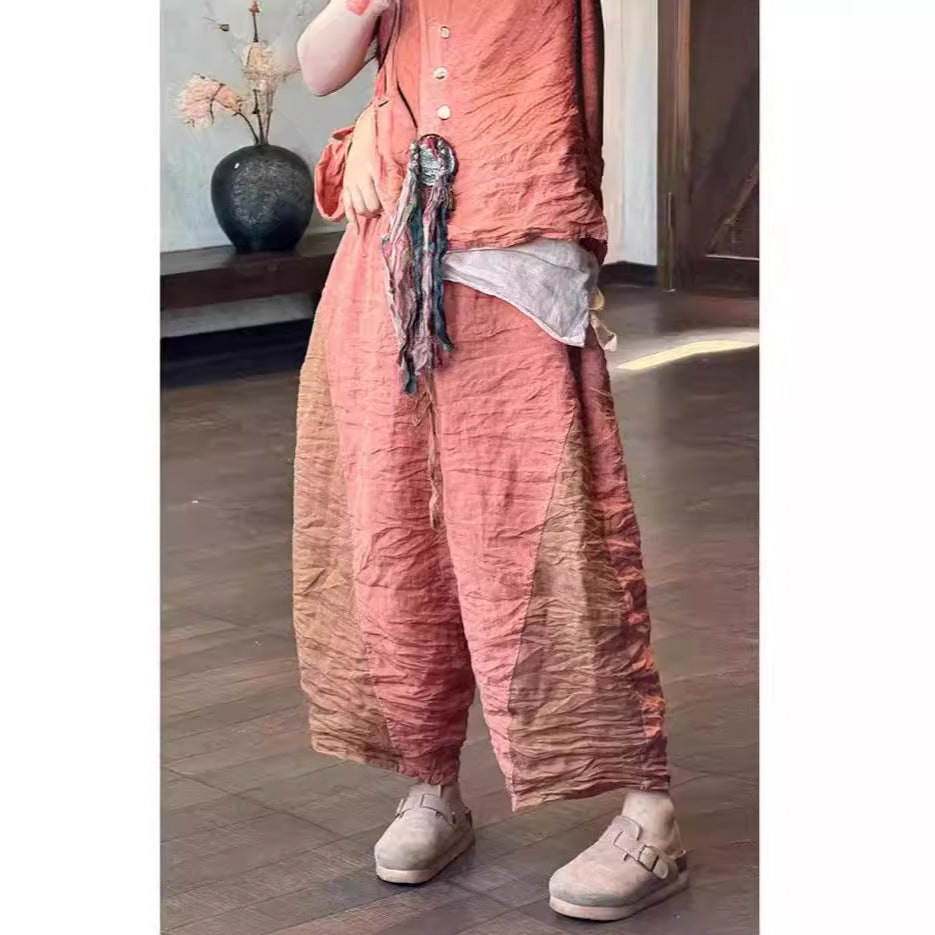 100% Linen Color-blocked Cropped Women Pants with Pockets 250802s 4347