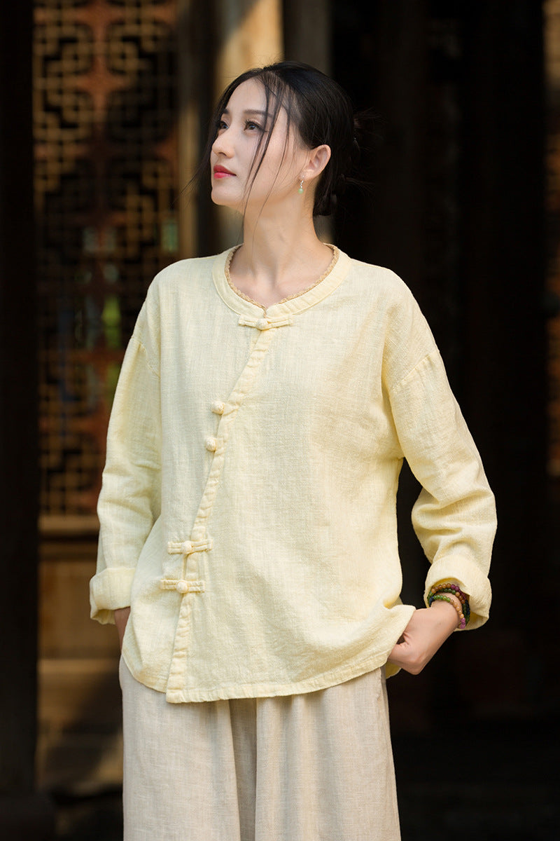 Ramie Linen Women Shirt in Hanfu Style with Diagonal Closure and Frog Buttons 250921a