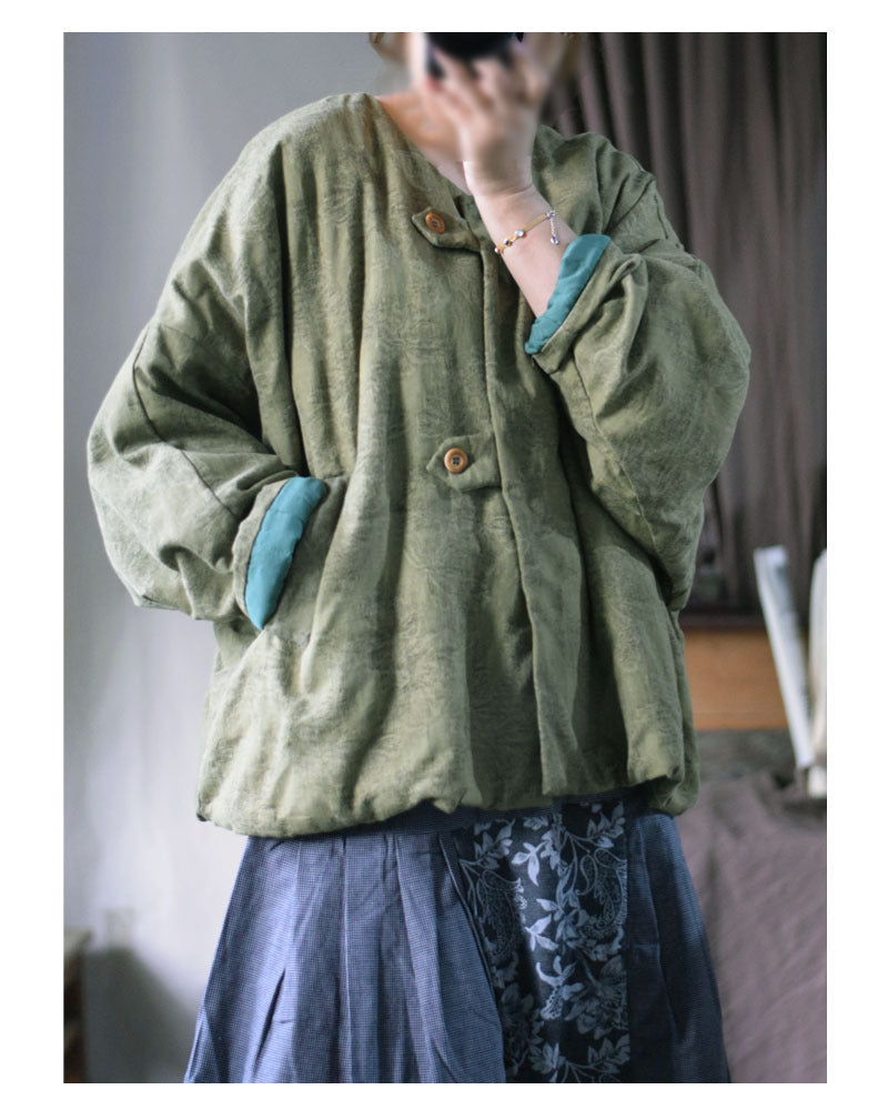 Linen Cotton Women Quilted Chinese Jacket with Pockets in Vintage Green 251031w