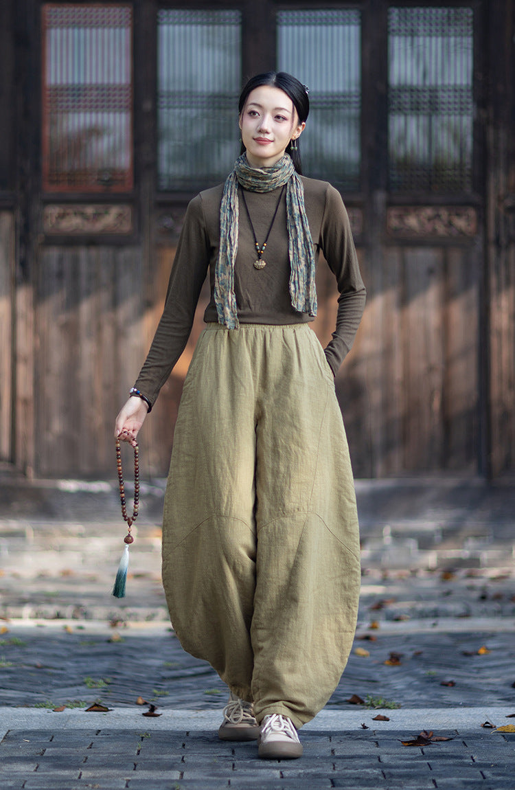 Ramie Cotton Quilted Thick Pants for Women, winter padded pants 251015w