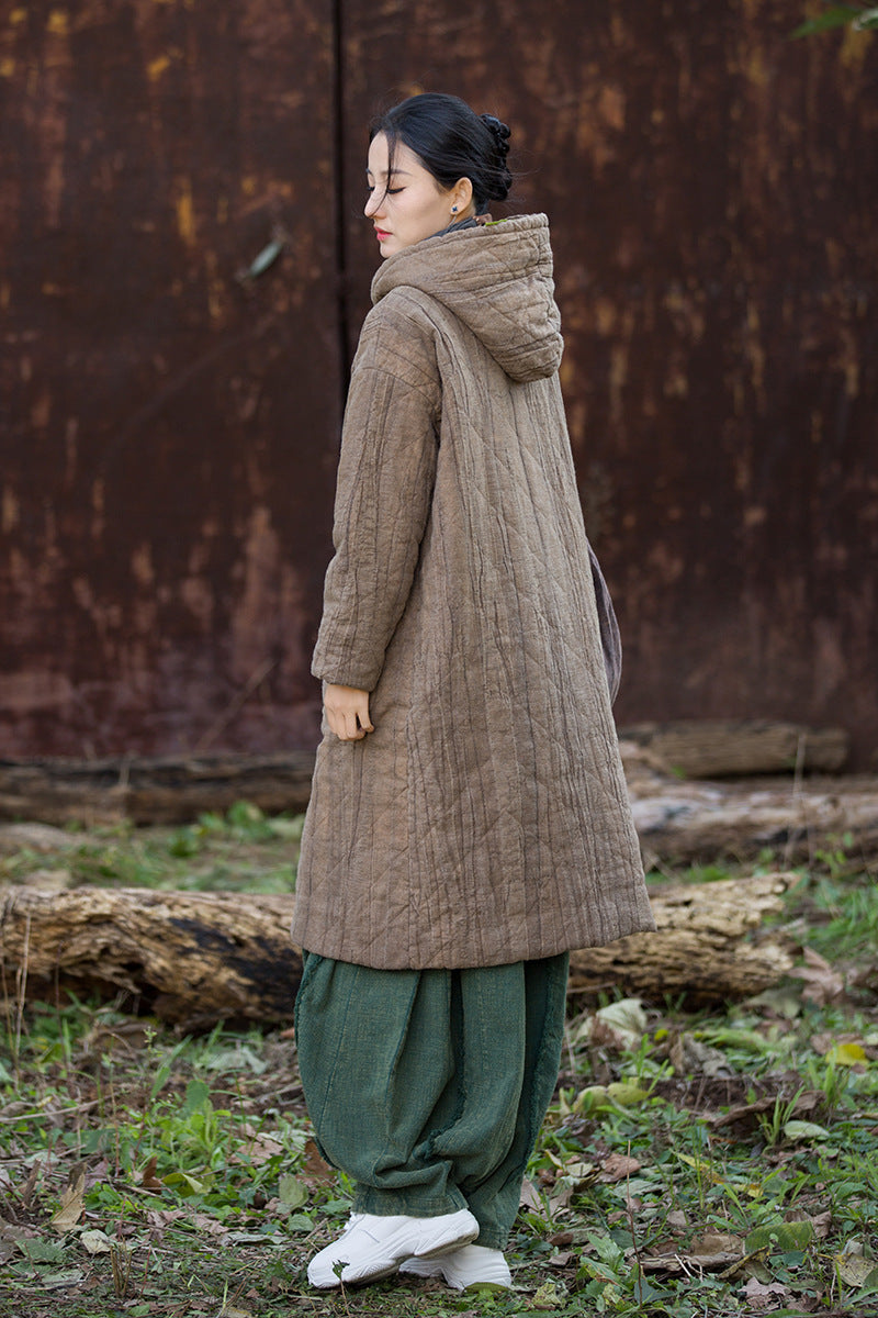 Ramie Linen Women Quilted Hoodie Jacket with Pockets & Frog Buttons in Hanfu Style, Chinese style Winter Padded Coat 251107w