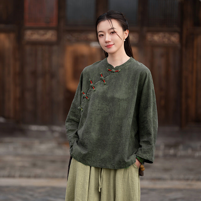 Ramie Linen Women Hanfu Pullover with Color-Block Traditional Buttons 250811s