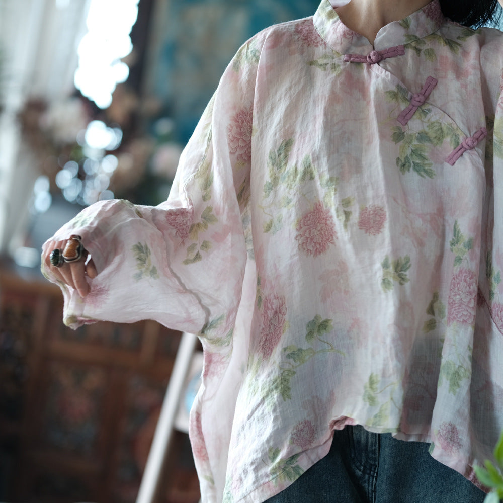 100% Linen Women Jacket with Floral Print, women linen shirt blouse 240006s