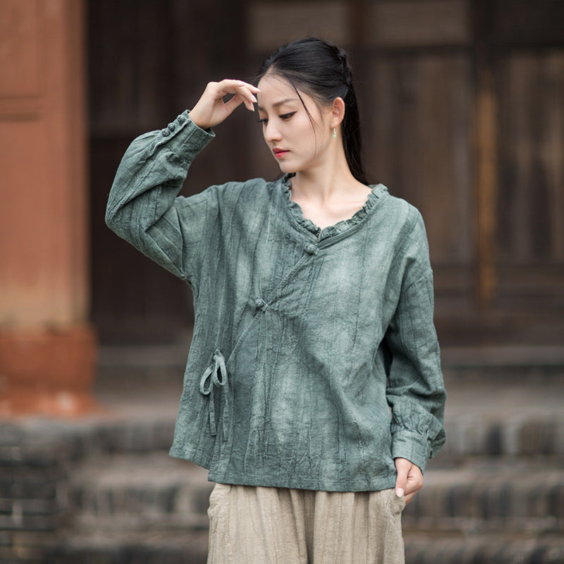 Ramie Linen Women Shirt in Hanfu Style with Ruffled Collar & Diagonal Closure 250922a