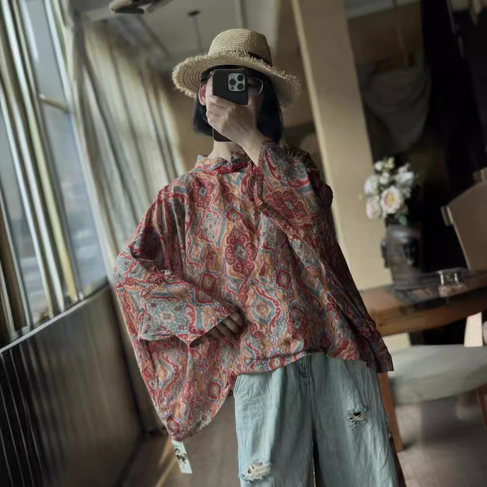 100% Linen Women Loose Blouse with Vintage Print and Long Sleeves, Linen women blouse 250319s 2173