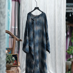 100% Linen Women Tie Dye Tunic Dress, Linen Dress with Traditional Buttons 240704s