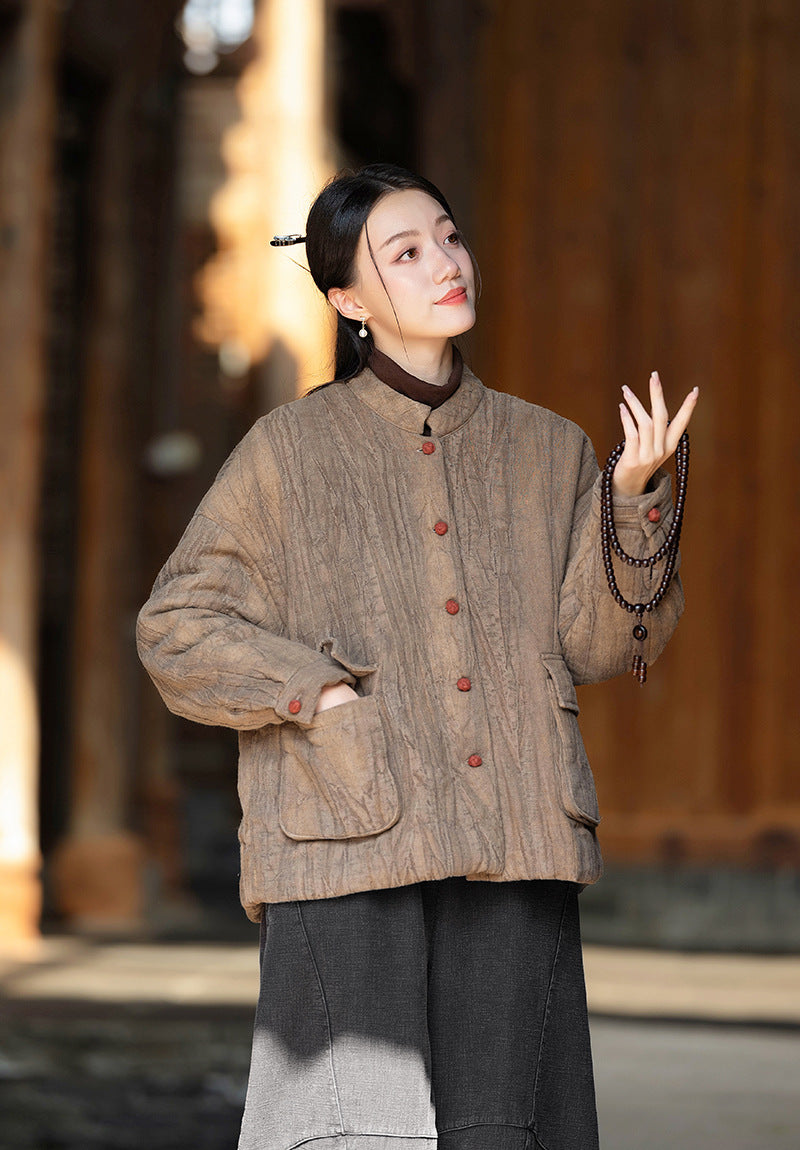 Ramie Linen Cotton Women Quilted Jacket with Pockets & Color-block Buttons in Hanfu Style, Chinese style Hanfu 251120w