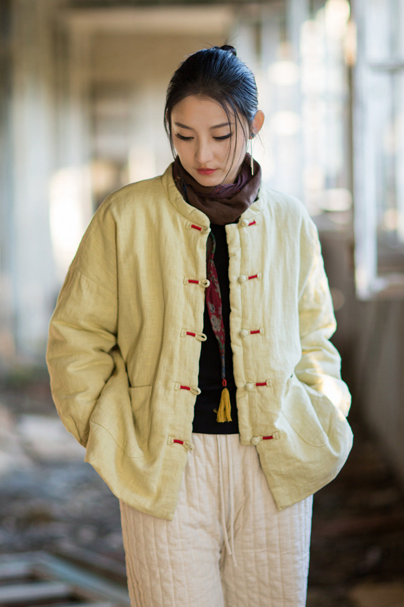 Ramie Cotton Women Quilted Jacket with Pockets & Frog Buttons in Hanfu Style, Chinese style Hanfu 251110w
