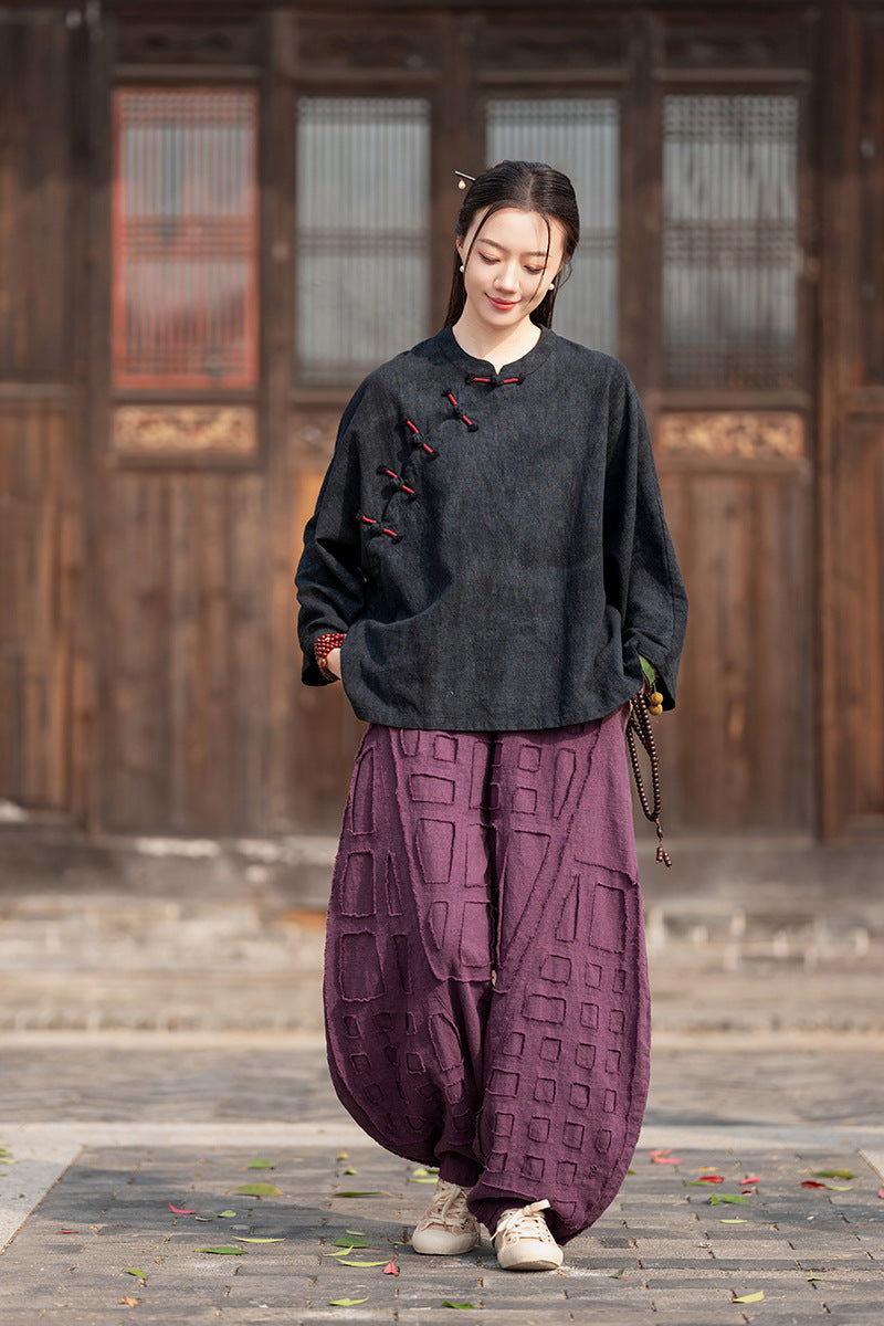 Ramie Linen Women Hanfu Pullover with Color-Block Traditional Buttons 250811s