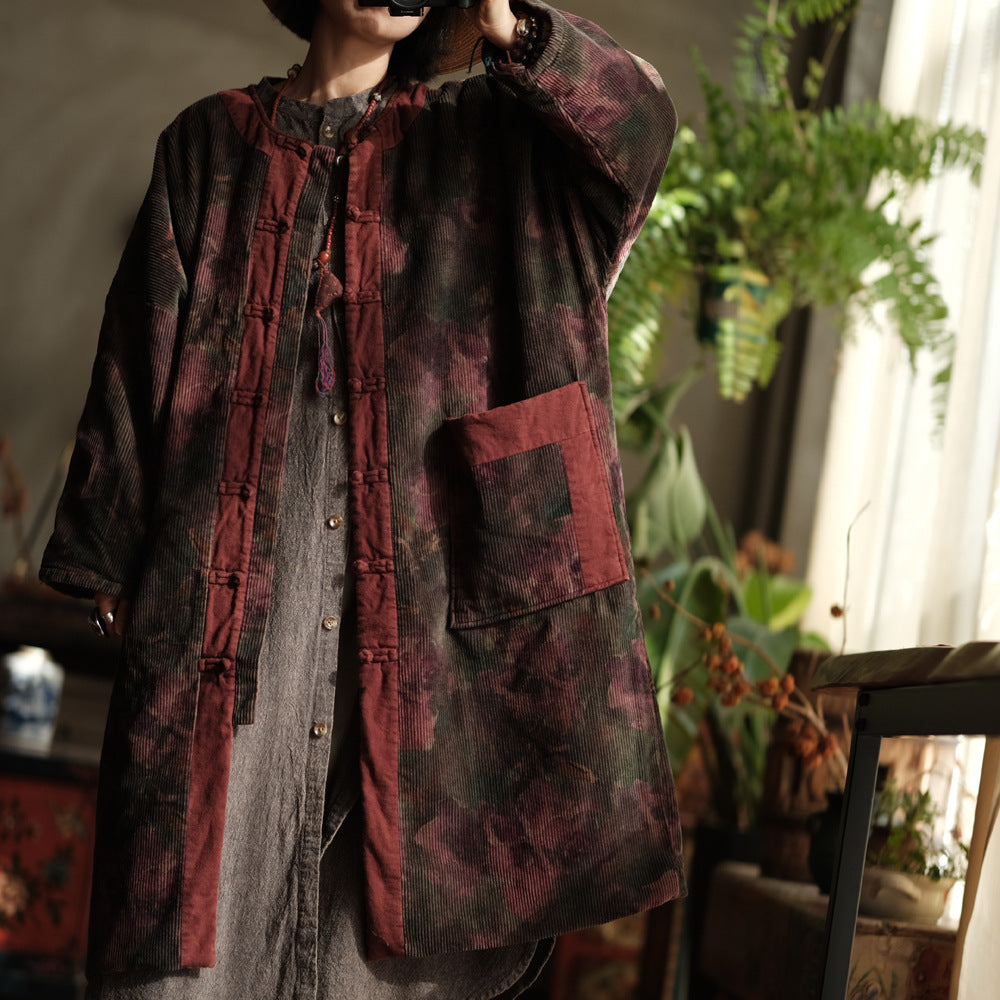 100% Cotton Cord Winter Women Quilted Jacket with Pockets and Vintage Floral Print 240926a 1472