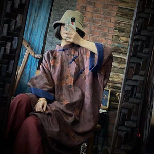 100 Percent Linen Women Hanfu Style Dress with Vintage Print, Blouse Dress Tunic, Homewear Lounge Wear 242304s