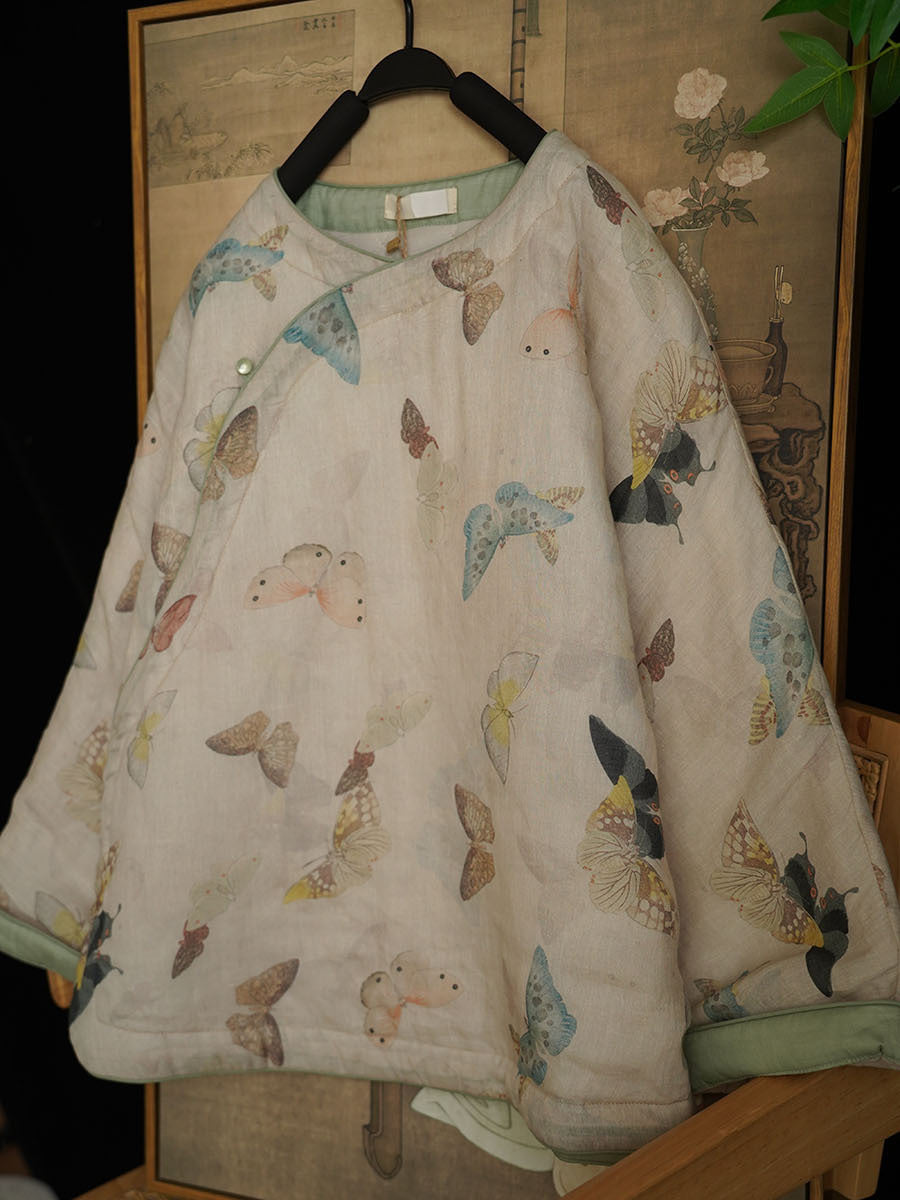 Linen Cotton Women Quilted Chinese Pullover with Vintage Butterfly Print and Traditional Chinese Buttons 251116w 162046