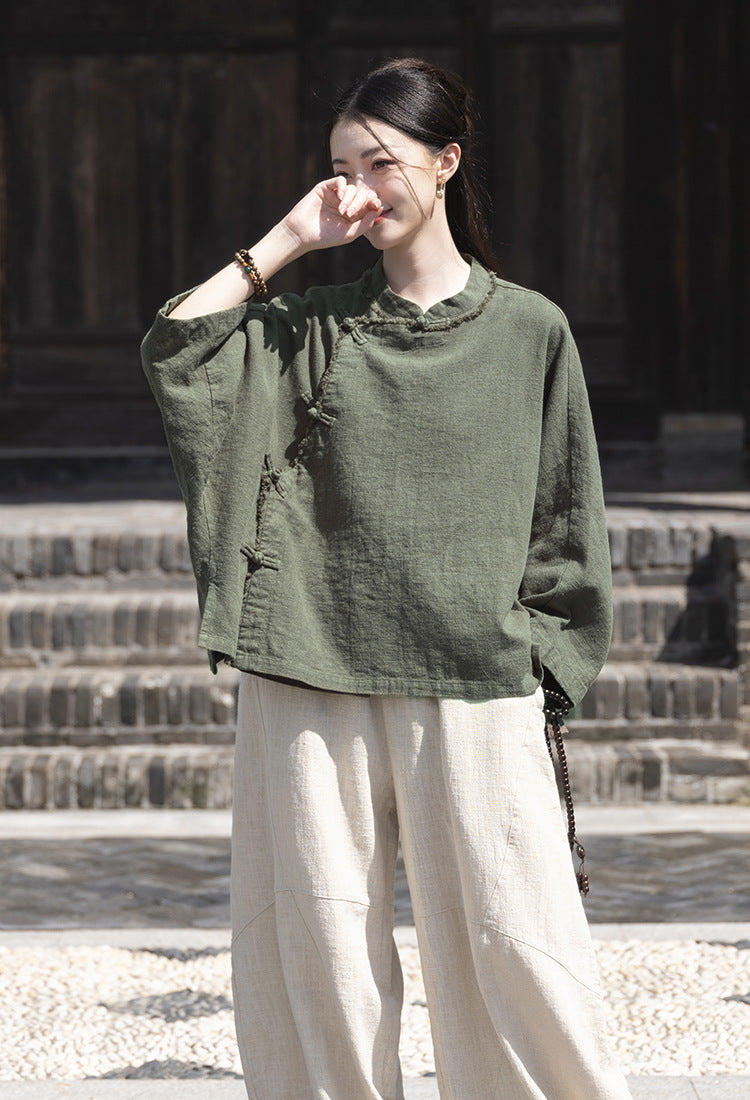 Ramie Linen Women Hanfu Shirt with Chinese Traditional Buttons and Raw Hem 250813s