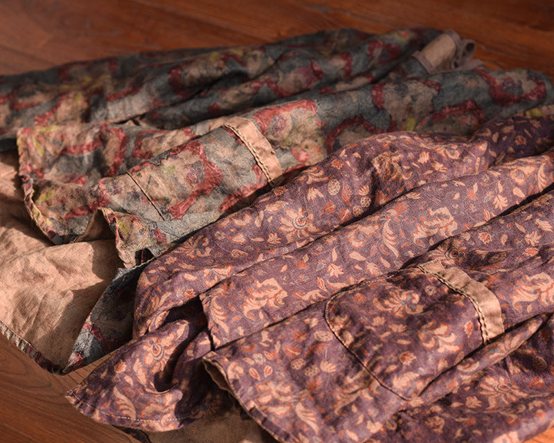 100% Linen Asymmetrical Women Shirt with High-low Hem & Vintage Print 250712s