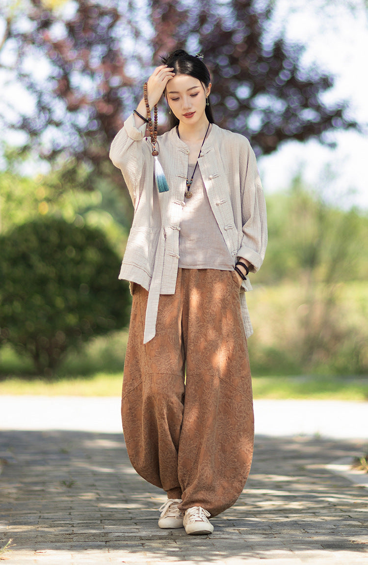 100% Cotton Women Hanfu Shirt with Chinese Traditional Buttons & Pockets 251016w