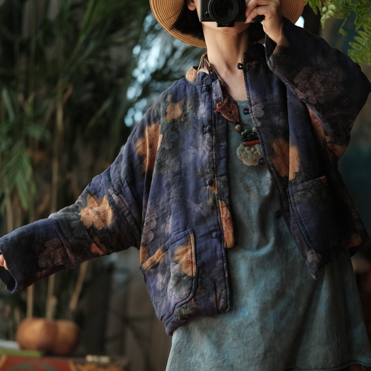 100% Cotton Women Quilted Chinese Jacket with Pockets and Vintage Print 251115w 1791