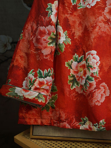 Linen Cotton Winter Women Quilted Jacket in Hanfu Style with Floral Print, Chinese style Hanfu 251024w