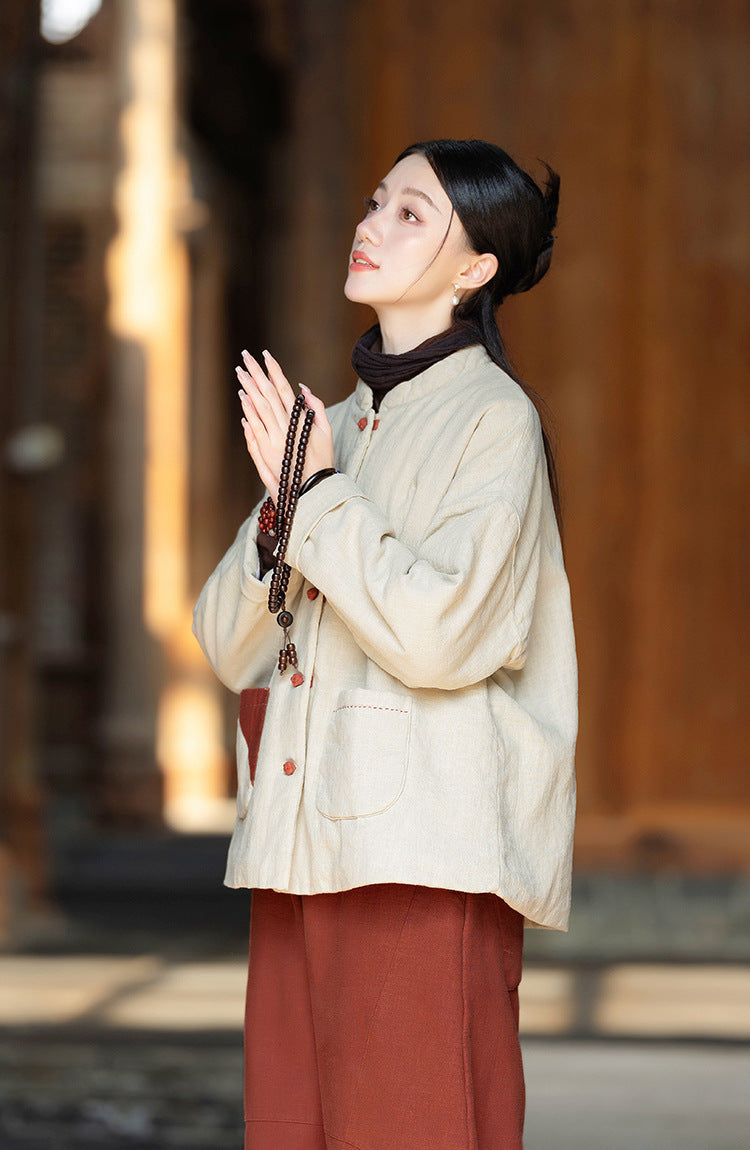 Ramie Linen Cotton Women Quilted Jacket with Pockets & Color-block Buttons in Hanfu Style, Chinese style Hanfu  251123w