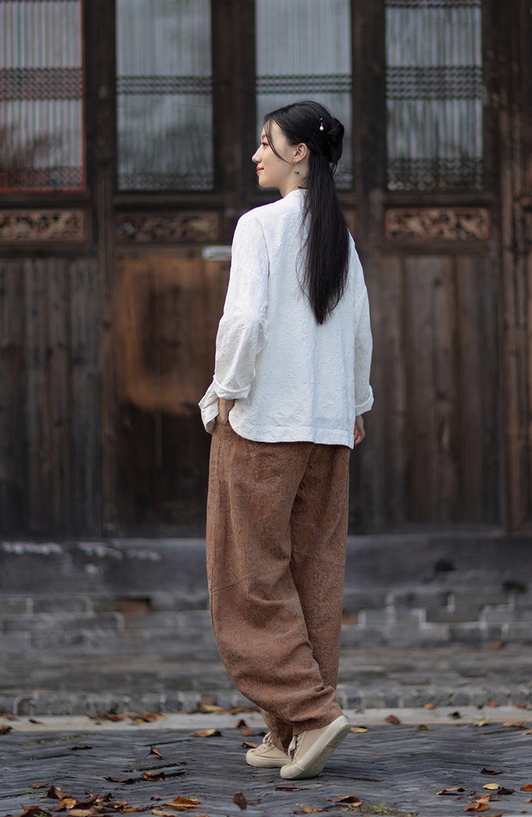 Linen Cotton Women Hanfu Shirt with Wide Leg Carrot Pants Set 251014w