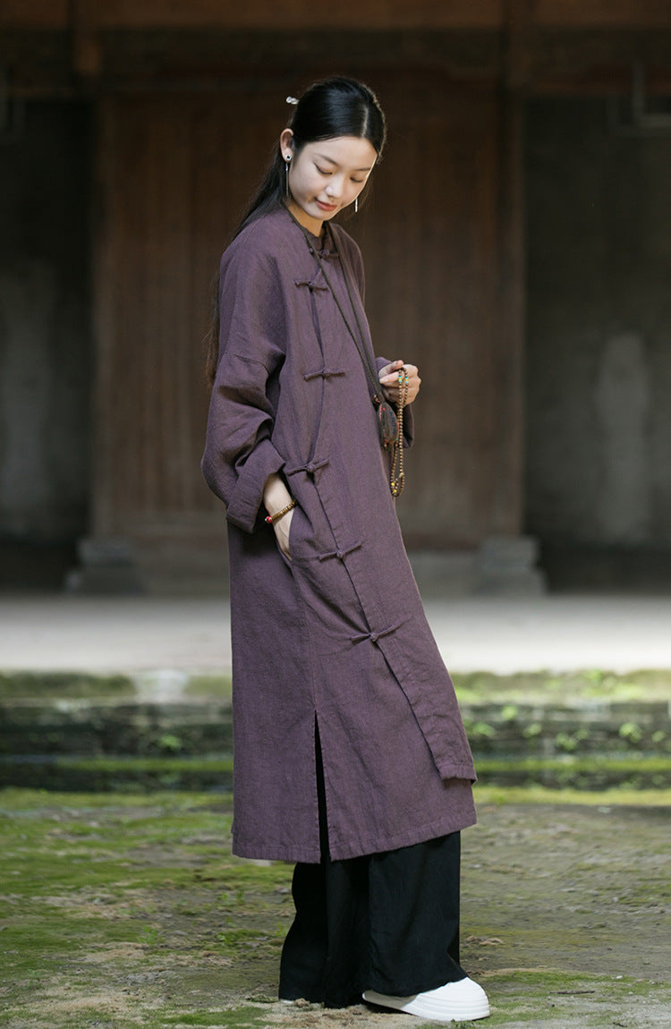 Linen Cotton Women Long Blouse with Pockets and Handwoven Buckle Button, chinese style women blouse linen, Taichi jacket, Tang suit 241003w