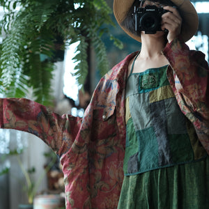 100% Ramie Linen Women Casual Blouse with Floral Print and Long Sleeves, Linen women blouse 250411s 2194