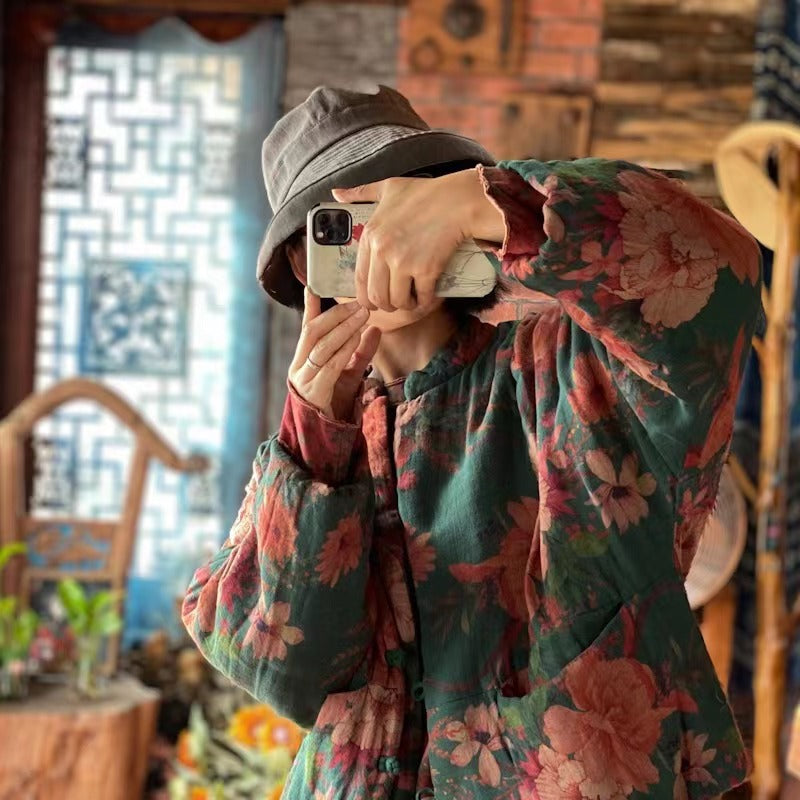 100% Cotton Winter Women Quilted Jacket with Floral Print in Hanfu Style, Chinese style Hanfu 240924a 1912