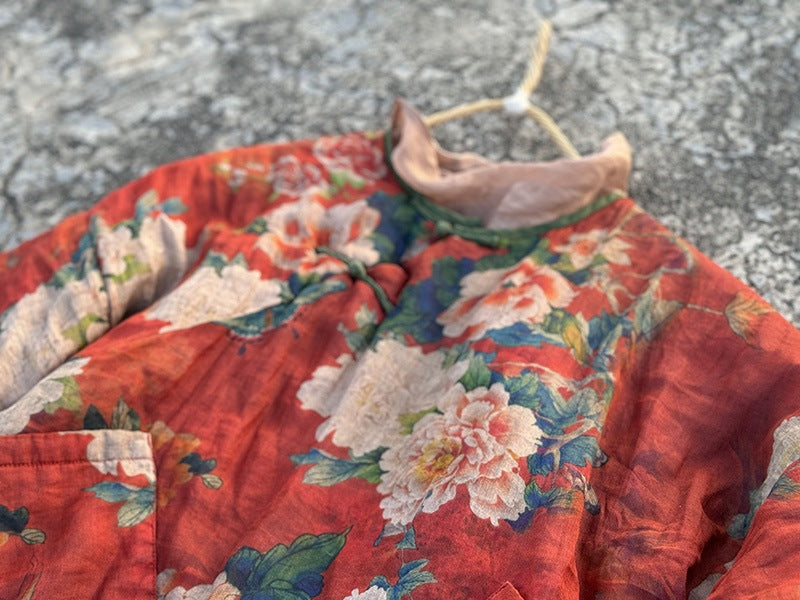 100% Ramie Linen Winter Women Quilted Pullover with Floral Print, Chinese style Hanfu  250904a 4386