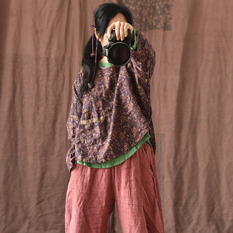 100% Linen Asymmetrical Women Shirt with High-low Hem & Vintage Print 250712s