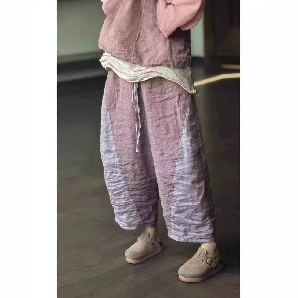 100% Linen Color-blocked Cropped Women Pants with Pockets 250802s 4347