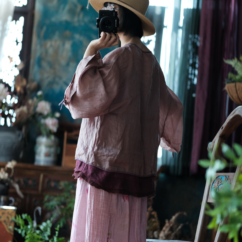 100% Linen  Women Shirt with Chinese Traditional Sleeves, linen women Shirt Jacket 250408s 1994