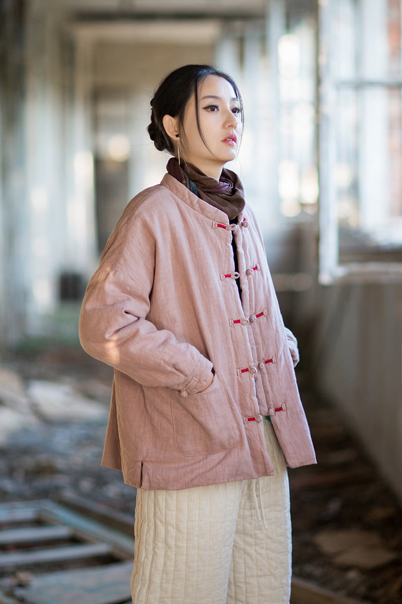 Ramie Cotton Women Quilted Jacket with Pockets & Frog Buttons in Hanfu Style, Chinese style Hanfu 251110w